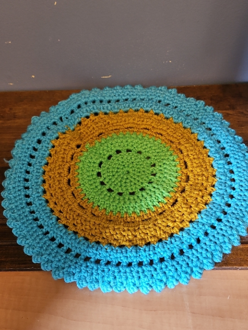 Handmade Multicolor Crochet Table Topper 7 Inches Across - Blue, Mustard, Green